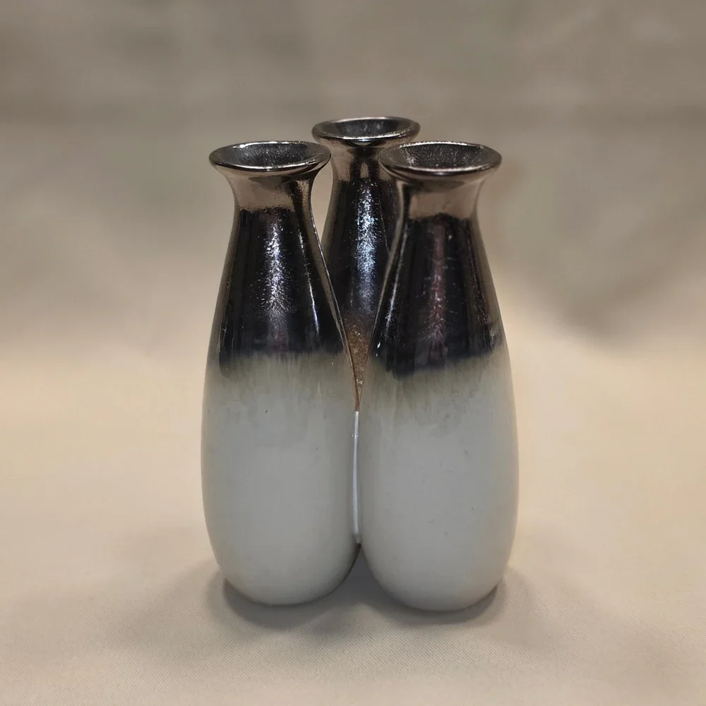 Modern Triple Connected Ceramic Bud Vase Metallic Bronze Ombre White Two‎ Tone